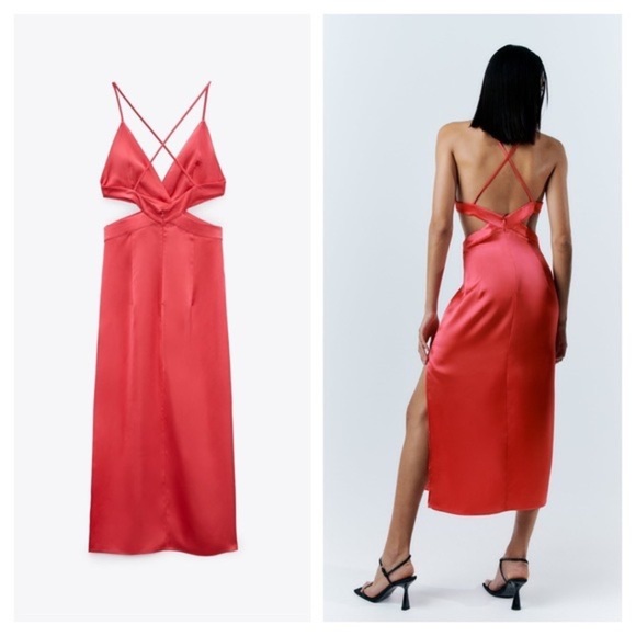 Zara Satin Effect Cut Out Midi Dress Coral Pink - Picture 4 of 10